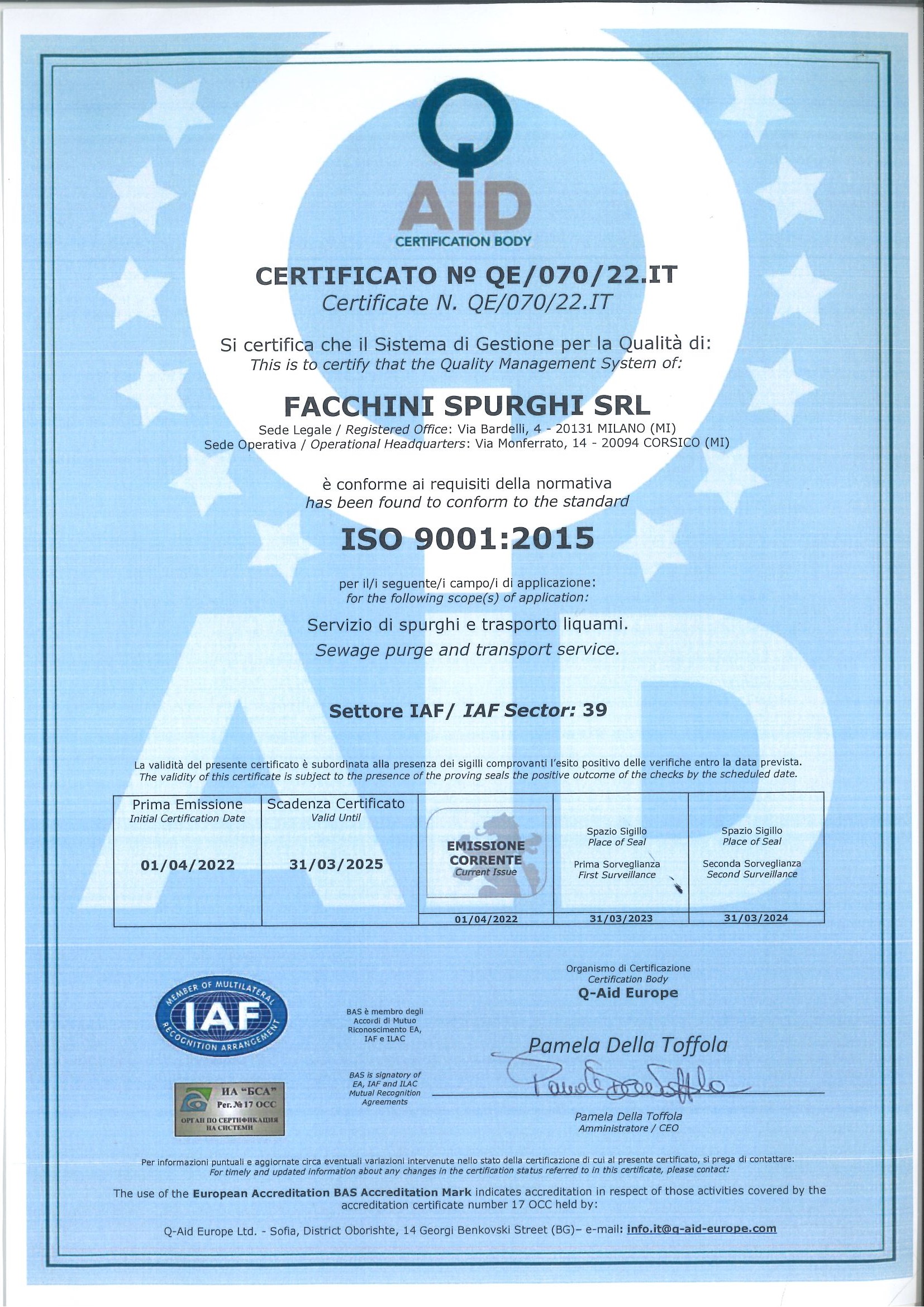 certificazione ISO 9001:2015 Facchini spurghi